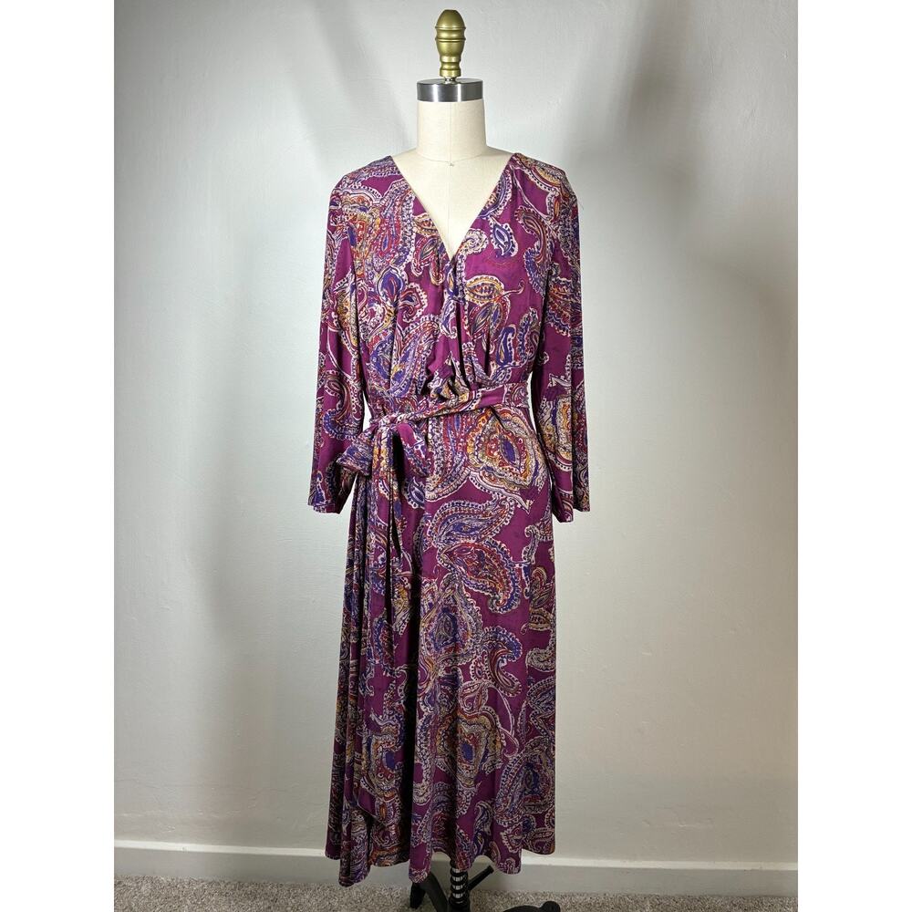 Lauren Ralph Lauren Paisley Surplice Jersey Dress XL Stretchy Faux Wrap Tie Belt